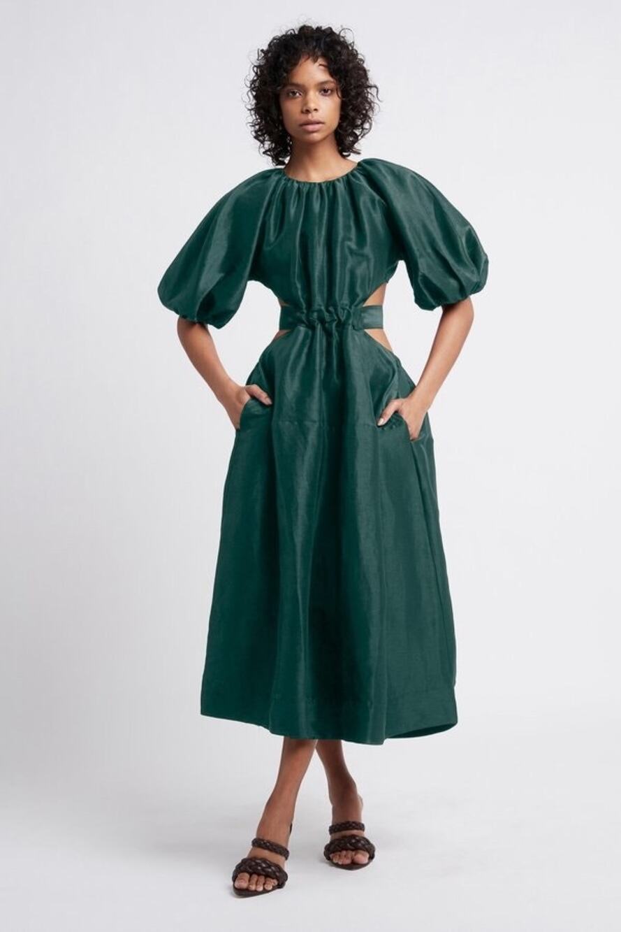 AJE Emerald Green Mimosa Cut-Out Waist Tie Detail Full Skirt Pockets Midi Dress